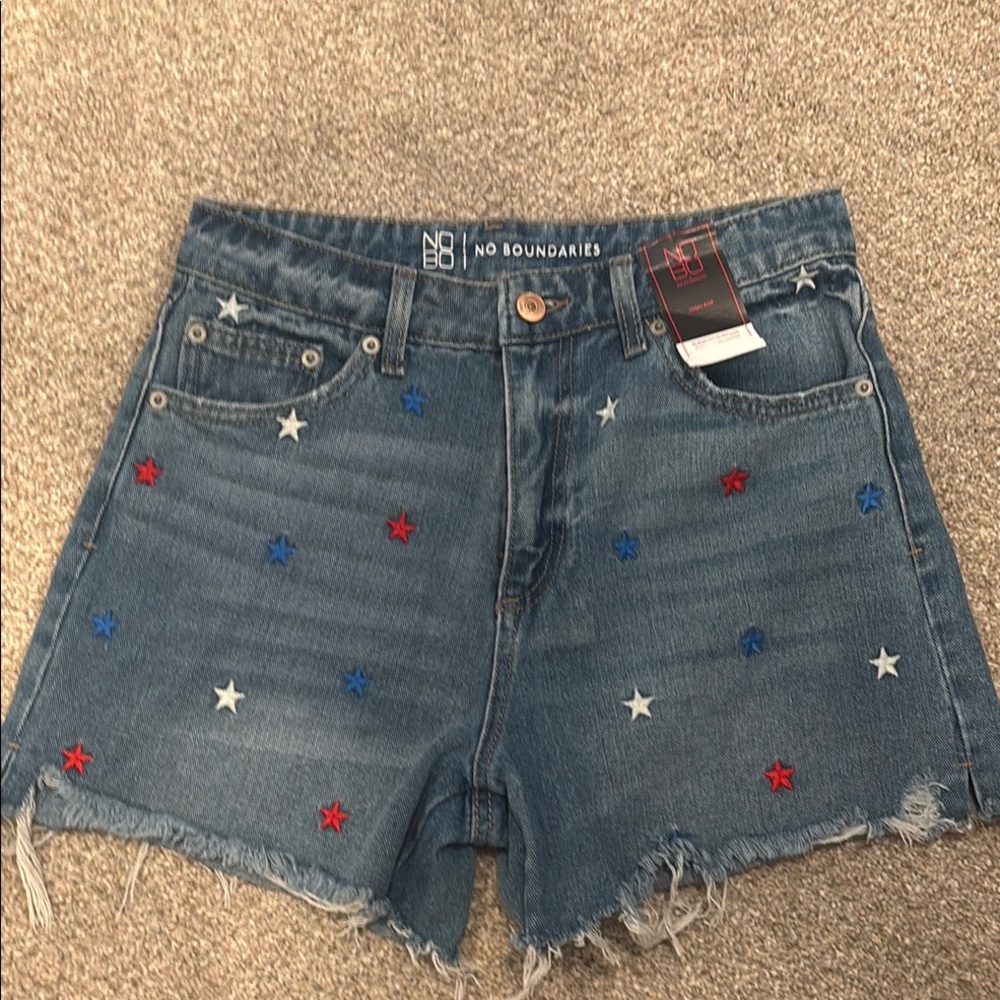 No Boundaries Red, White & Blue Jean Shorts with Embroidered star Details
